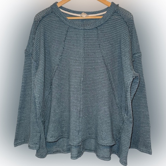 Umgee Waffle Weave Raw Hem Long Sleeve Knit Top Size S Seaweed Bohemian Fall - Picture 1 of 6